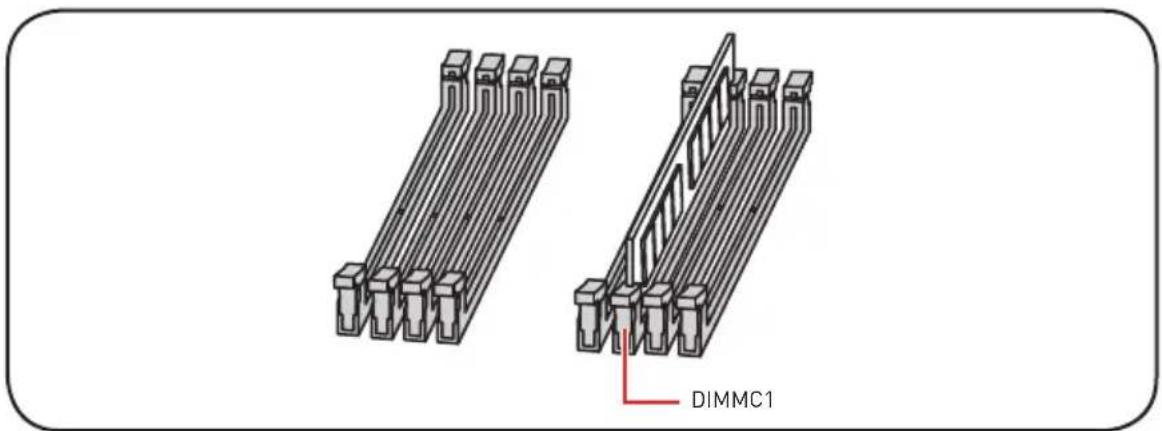 Technical illustration of two 3D mechanical components with threaded connectors, one labeled DIMMC1 (no text or symbols on the components themselves)