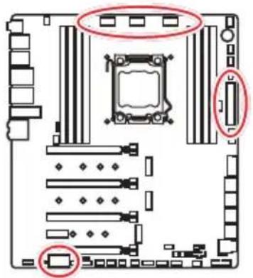 Diagram of a computer motherboard with labeled slots and CPU socket, highlighting two red-circled zones.