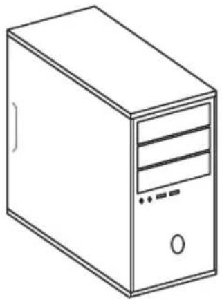 Line drawing of a desktop computer tower case with ventilation slots and indicator lights (no text or labels)