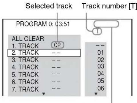 Selected track Track number [T] PROGRAM 0: 03:51 ALL CLEAR 1. TRACK 02 2. TRACK -- 3. TRACK -- 4. TRACK -- 5. TRACK -- 6. TRACK -- 7. TRACK -- -- T 01 02 03 04 05 06