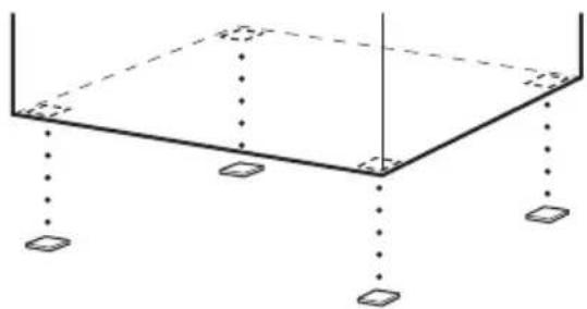 Pure geometric diagram showing a 3D trapezoidal structure with dashed lines and corner markers (no text or symbols)