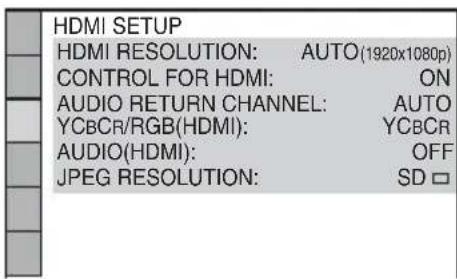 HDMI SETUP HDMI RESOLUTION: AUTO(1920x1080p) CONTROL FOR HDMI: ON AUDIO RETURN CHANNEL: AUTO YCBCR/RGB(HDMI): YCBCR AUDIO(HDMI): OFF JPEG RESOLUTION: SD □