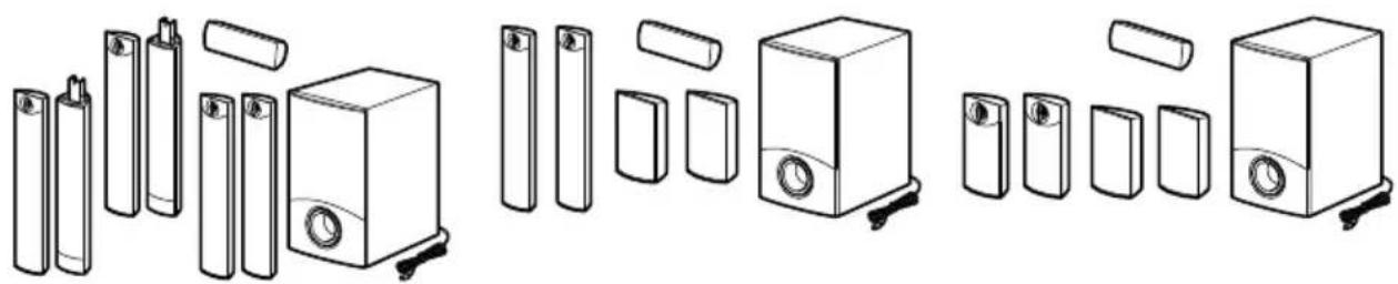Line drawings of various household appliances including speakers, batteries, and speakers (no text or symbols)
