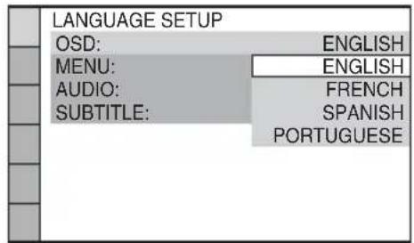LANGUAGE SETUP OSD: ENGLISH MENU: ENGLISH AUDIO: FRENCH SUBTITLE: SPANISH PORTUGUESE
