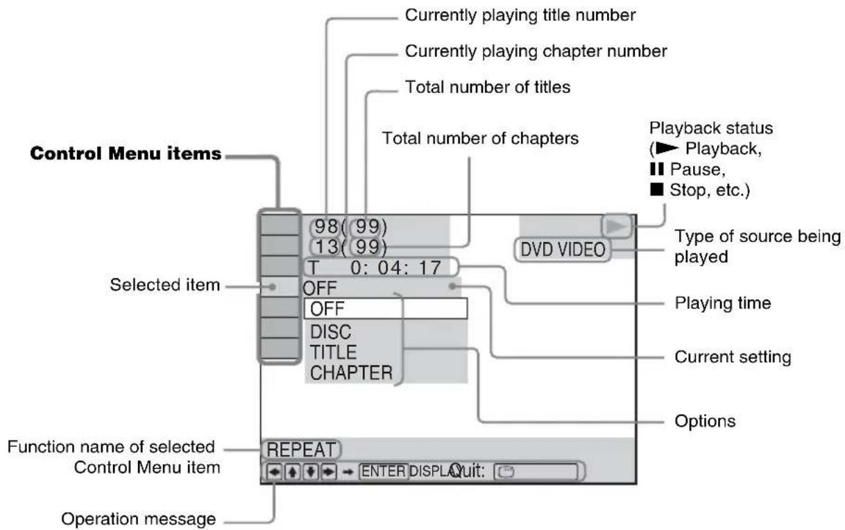Control Menu items Currently playing title number Currently playing chapter number Total number of titles Total number of chapters Selected item 98(99) 13(99) T 0: 04: 17 OFF OFF DISC TITLE CHAPTER DVVD VIDEO Playback status (► Playback, ■ Pause, ■ Stop, etc.) Type of source being played Playing tim…
