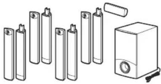 Illustration of various battery models and a speaker unit (no text or symbols)