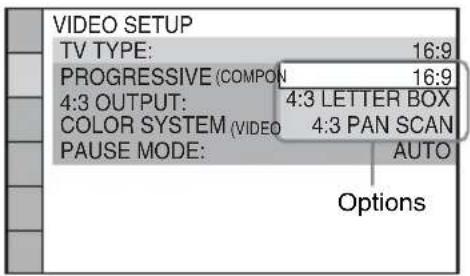 VIDEO SETUP TV TYPE: 16:9 PROGRESSIVE (COMPON 16:9) 4:3 OUTPUT: 4:3 LETTER BOX COLOR SYSTEM (VIDEO 4:3 PAN SCAN PAUSE MODE: AUTO Options