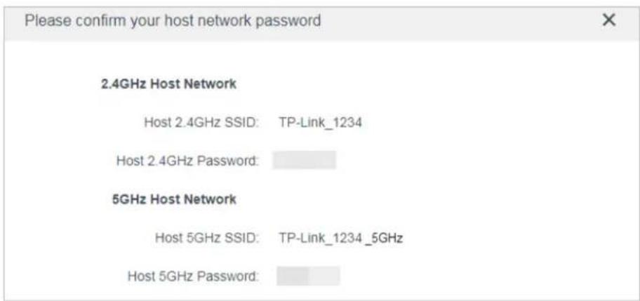 Please confirm your host network password. 2.4GHz Host Network: Host 2.4GHz SSID: TP-Link_1234, Host 2.4GHz Password: [field]. 5GHz Host Network: Host 5GHz SSID: TP-Link_1234_5GHz, Host 5GHz Password: [field].