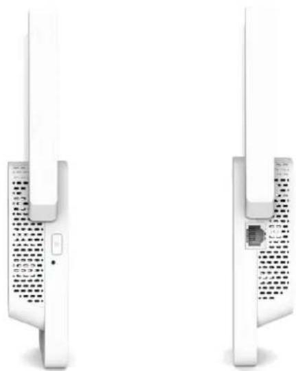 Diagram of two white wireless devices with labeled ports, showing front and side views.