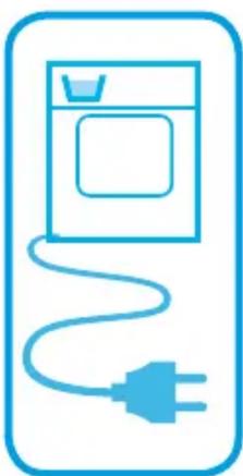 Icône de ligne simple d'une machine à laver connectée à une prise électrique, enfermée dans un rectangle arrondi (pas de texte ni de symboles)