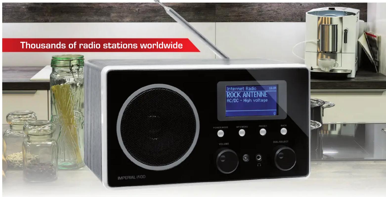 Thousands of radio stations worldwide Internet Radio 15:24 ROCK ANTENNE AC/DC - High voltage POWER/MODE INF/DMENU PRESET BACK VOLUME DIAL/SELECT IMPERIAL i100
