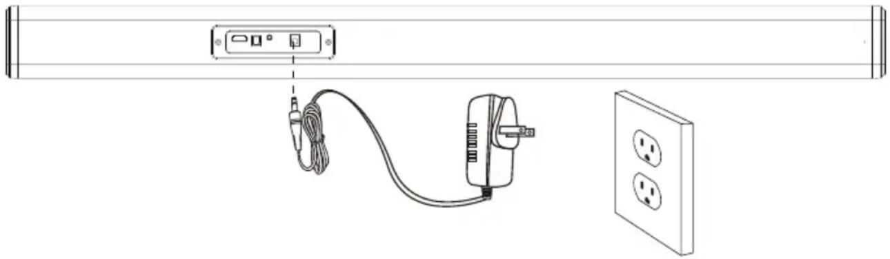Line drawing of a cable and power adapter connected to an electrical outlet (no text or symbols)