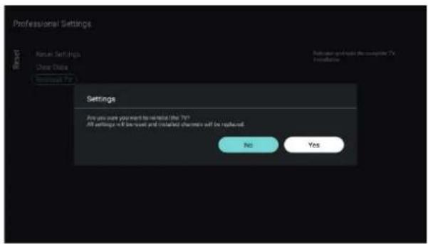 Professional Settings Reset Settings Clear Data Remove For Settings Are you sure you want to read the TV? All settings will be saved and created channels will be replaced. No Yes