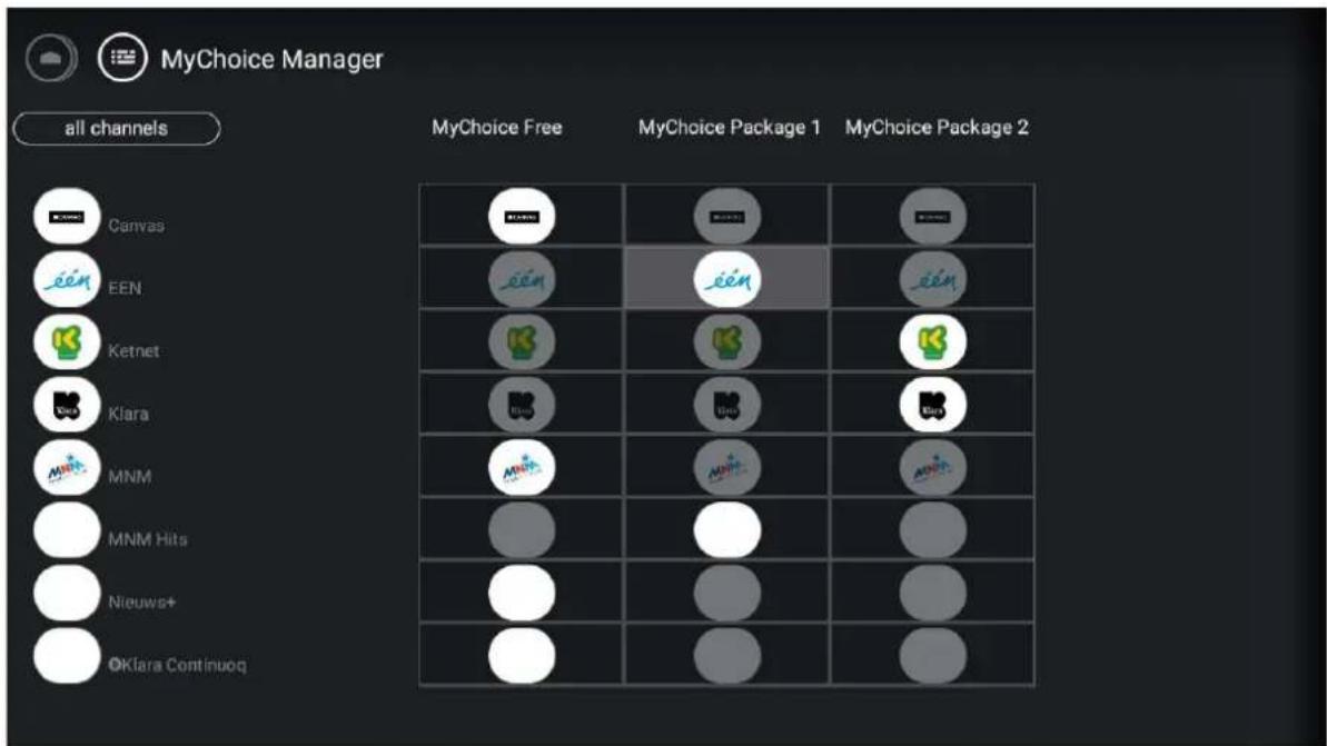 MyChoice Manager all channels Canvas EEN Ketnet Klara MNM MNM Hits Nieuws+ OKlara Continuoq MyChoice Free MyChoice Package 1 MyChoice Package 2