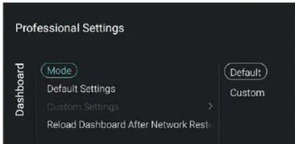 Professional Settings Dashboard Mode Default Settings Custom Settings > Reload Dashboard After Network Rest Default Custom