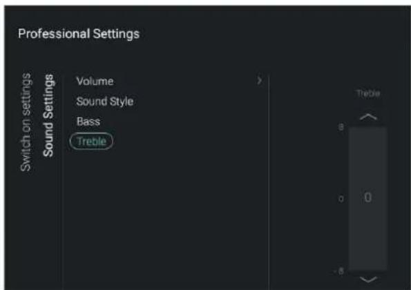 Professional Settings Switch on settings Sound Settings Volume Sound Style Bass Treble Treble