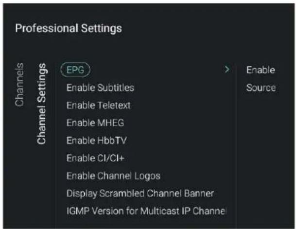 Professional Settings Channels Channel Settings EPG Enable Subtitles Enable Teletext Enable MHEG Enable HbbTV Enable CI/CI+ Enable Channel Logos Display Scrambled Channel Banner IGMP Version for Multicast IP Channel Enable Source