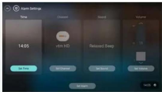 Alarm Settings Time 14:05 Set Time Channel vtm HD Set Channel Sound Relaxed Beep Set Sound Volume 18 Set volume Set Alarm 14:05