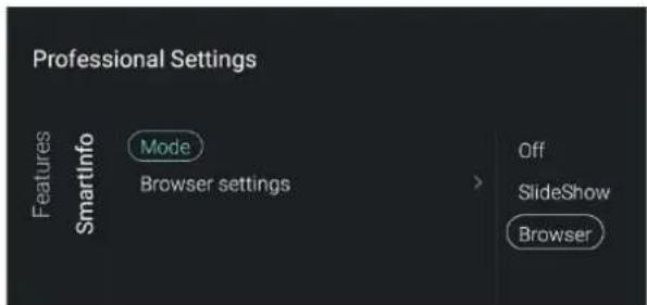Professional Settings Features SmartInfo Mode Browser settings Off SlideShow Browser