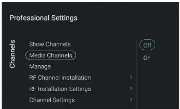 Professional Settings Show Channels Media Channels Manage RF Channel Installation > RF Installation Settings > Channel Settings >