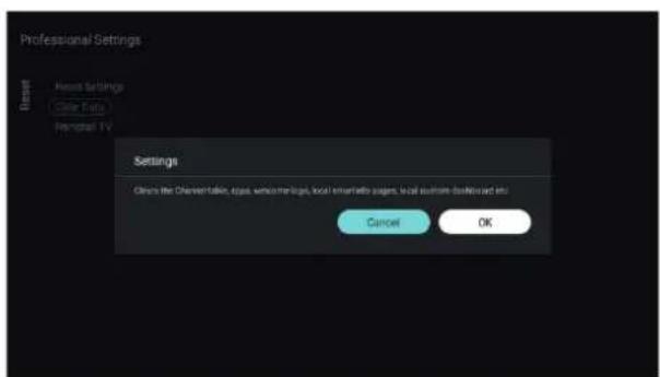 Professional Settings Reset Newt Settings Close Data Prompt TV Settings Create the Characterize, copy, welcome log, local smart speaker, local audio dashboard etc. Cancel OK
