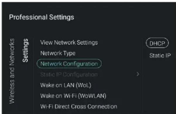 Professional Settings View Network Settings Network Type Network Configuration Static IP Configuration Wake on LAN (WoL) Wake on Wi-Fi (WoWLAN) Wi-Fi Direct Cross Connection DHCP Static IP Wireless and Networks Settings
