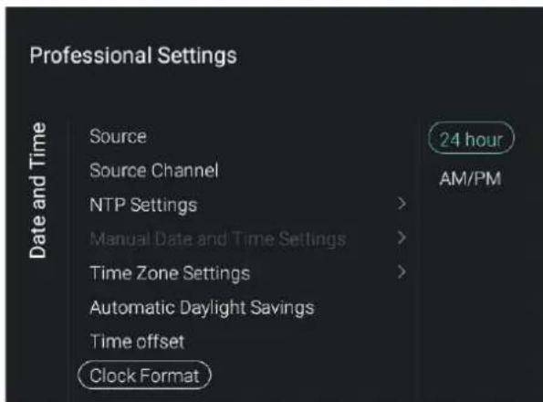Professional Settings Date and Time Source Source Channel NTP Settings > Manual Date and Time Settings > Time Zone Settings > Automatic Daylight Savings Time offset Clock Format 24 hour AM/PM