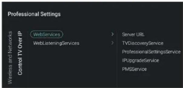Professional Settings Wireless and Networks Control TV Over IP WebServices WebListeningServices Server URL TVDiscoveryService ProfessionalSettingsService IPUpgradeService PMSService
