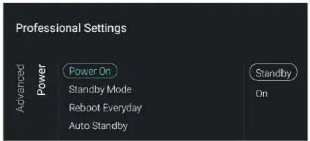 Professional Settings Advanced Power Power On Standby Mode Reboot Everyday Auto Standby Standby On