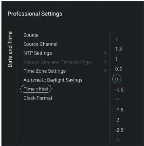Professional Settings Date and Time Source 2 Source Channel 1.5 NTP Settings > 1 Manual Date and Time Settings > 0.5 Time Zone Settings > Automatic Daylight Savings 0 Time offset -0.5 Clock Format -1 -1.5 -2 -2.5 -3