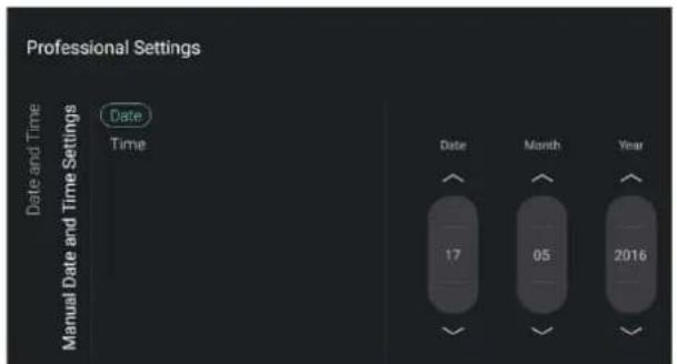 Professional Settings Date and Time Manual Date and Time Settings Date Time Date Month Year 17 05 2016