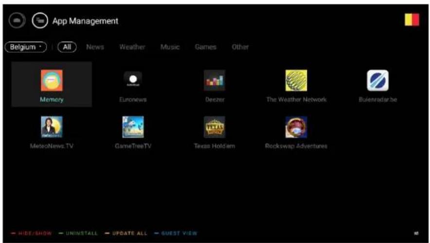 App Management Belgium • All News Weather Music Games Other Memory Euronews Deezer The Weather Network Buenradar.be MetooNews.TV GameTreeTV Texas Holdam Rockswap Adventures HIDE/SHOW UNINSTALL UPDATE ALL GUEST VIEW