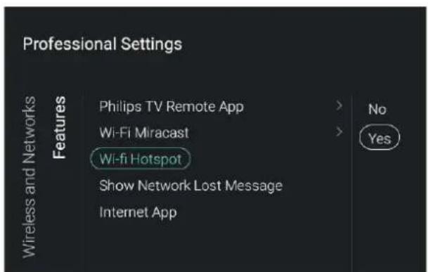 Professional Settings Wireless and Networks Features Philips TV Remote App > No Wi-Fi Miracast > Yes Wi-fi Hotspot Show Network Lost Message Internet App