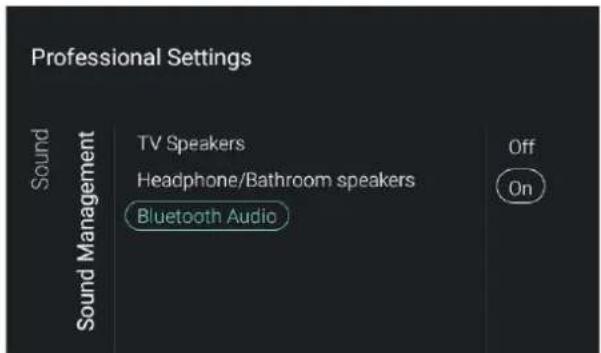 Professional Settings Sound Sound Management TV Speakers Headphone/Bathroom speakers Bluetooth Audio Off On