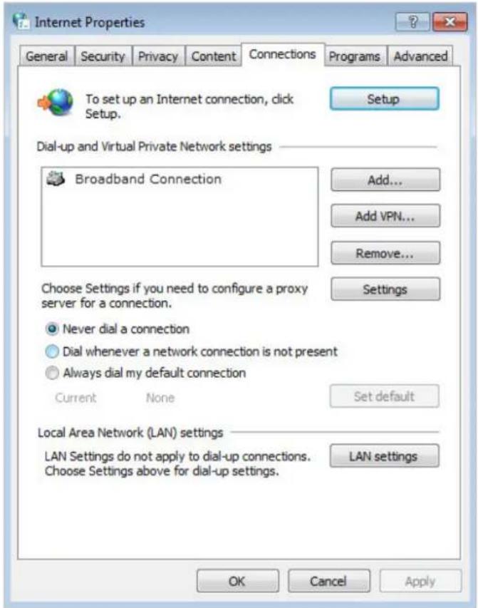 Internet Properties General Security Privacy Content Connections Programs Advanced To set up an Internet connection, click Setup. Setup Dial-up and Virtual Private Network settings Broadband Connection Add... Add VPN... Remove... Settings Choose Settings if you need to configure a proxy server for a…
