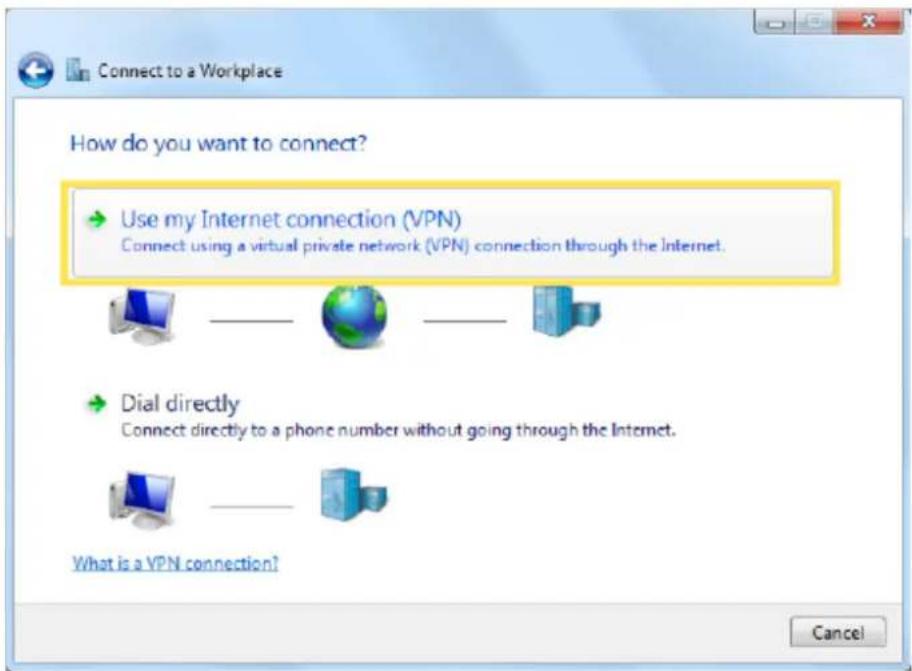 How do you want to connect? Use my Internet connection (VPN) Connect using a virtual private network (VPN) connection through the Internet. Dial directly Connect directly to a phone number without going through the Internet. What is a VPN connection? Cancel