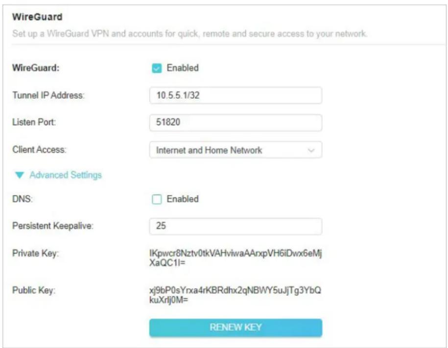 WireGuard Set up a WireGuard VPN and accounts for quick, remote and secure access to your network. WireGuard: Enabled Tunnel IP Address: 10.5.5.1/32 Listen Port: 51820 Client Access: Internet and Home Network Advanced Settings DNS: Enabled Persistent Keepalive: 25 Private Key: IKpwcr8Nztv0tkVAHviwaA…