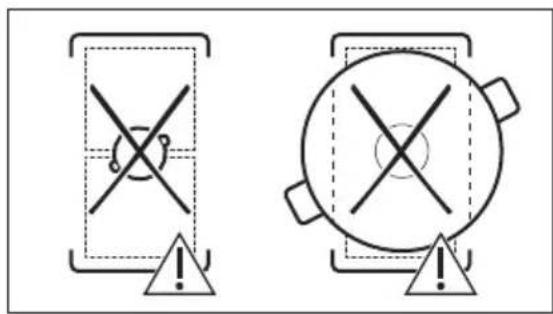 Two warning symbols: a cross symbol inside a shield and a circle with cross, both marked with an exclamation mark.