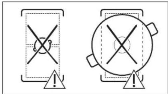 Two warning symbols: a cross symbol inside a shield and a circle with cross symbol inside a drum, both marked with an exclamation mark.