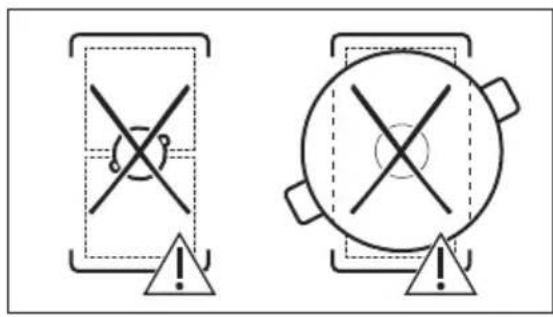 Two warning symbols: a cross symbol inside a device and a circle with cross symbol inside a pot, both marked with an exclamation mark.