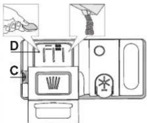 Diagram of a food processing machine with labeled components and parts, including hand, funnel, and tray parts.