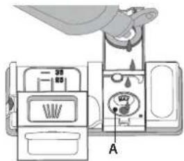 Diagram of a refrigerator interior with labeled parts and a hand holding the lid, showing internal compartments and a dial indicator.