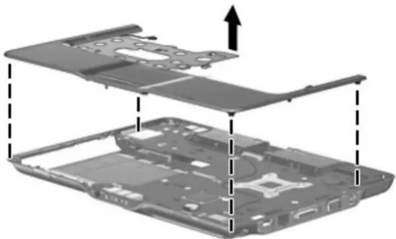Diagram of a laptop chassis showing internal components and an upward arrow indicating motion (no text or symbols present).