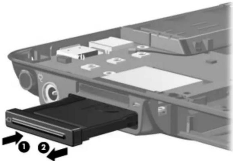 Interior view of a computer case with an open drive and labeled components (no text or symbols visible).