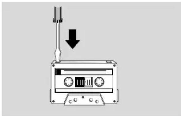 Illustration of a cassette tape with a downward arrow indicating compression or disassembly (no text or symbols present)