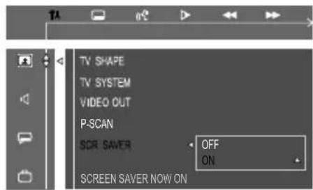 TV SHAPE TV SYSTEM VIDEO OUT P-SCAN SCR SAVER OFF ON SCREEN SAVER NOW ON