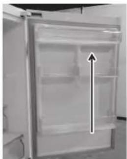 Front view of a modern refrigerator with an upward arrow indicating a measurement or direction (no text or symbols visible).