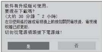 软件有升級版可使用。 要現在下載嗎? (大約 30 分鐘 ~ 2 小時) 在您使用遙控器或重視機上的按鈕關閉重視後,重視機 收縮已經更新。 切勿從電源插頭拔下電源線! 是 否
