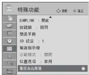 特殊功能 SIMPLINK:開啟 按鍵鎖:關閉 簡易手冊 ID 設定:1 電源指示燈 示範模式:關閉 位置選項:家用 重設為出廠值