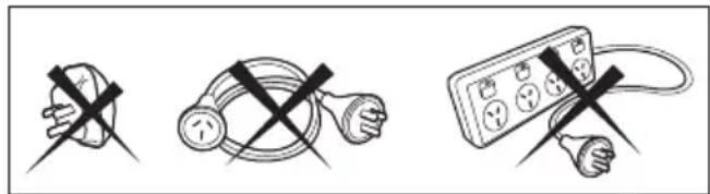 Three black cross symbols on white background: a plug, a plug with cable, and a power cord.